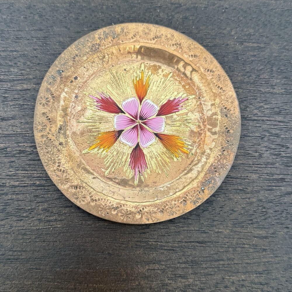 VTG Brass Hand Painted Metal 4" Tray Plate Trinket Dish Artisan Floral Pansy